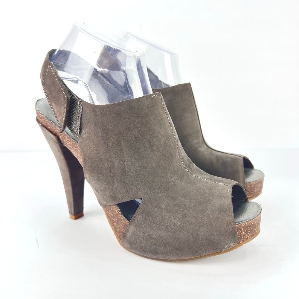 Nine West Ellis Leather Platform Wood Slingback Dark Gray/Taupe High Heels 8